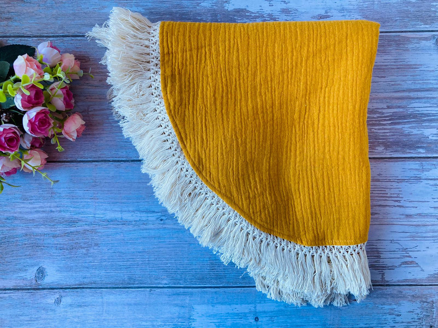 Organic cotton Yellow Muslin swaddle blanket with cotton fringe