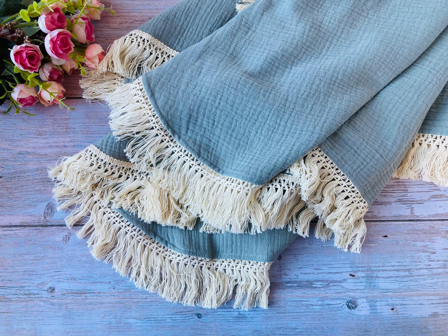 Organic cotton Muslin baby light grey swaddle blanket with cotton fringe