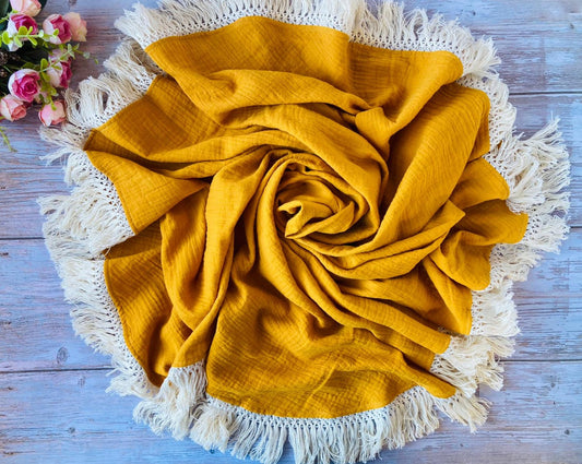 Organic cotton Yellow Muslin swaddle blanket with cotton fringe
