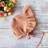Muslin baby summer bonnet with ruffle and ties - lavender