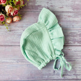 Muslin baby summer bonnet with ruffle and ties - lavender