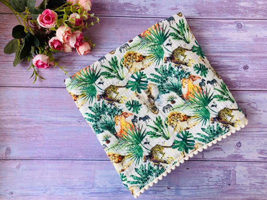 Organic Cotton muslin Pom Pom swaddle blanket- Jungle print