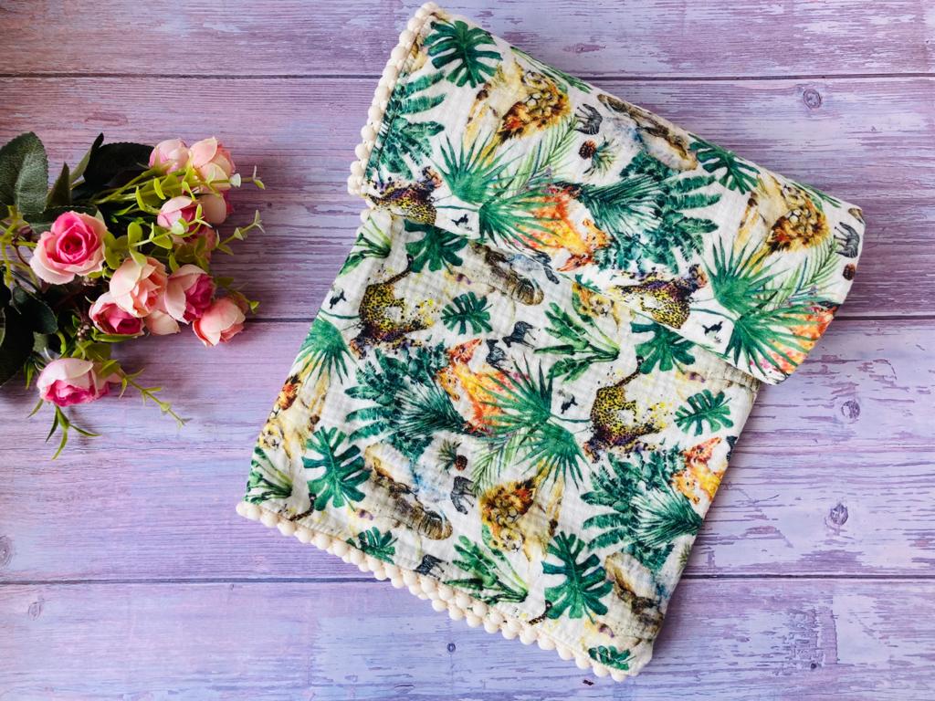 Organic Cotton muslin Pom Pom swaddle blanket- Jungle print