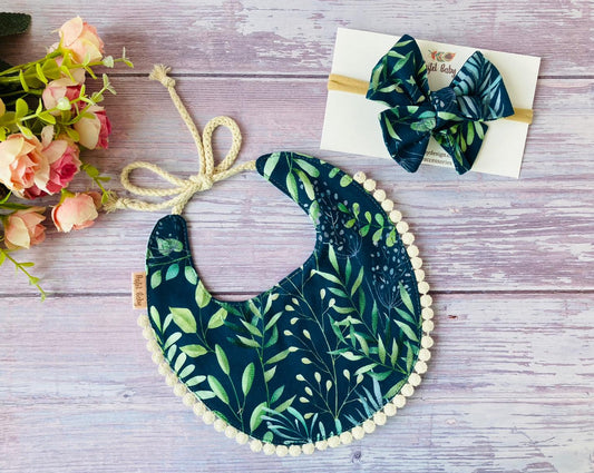 Boho baby bib & large headband bow - green leaves on a navy background, perfect baby gift set