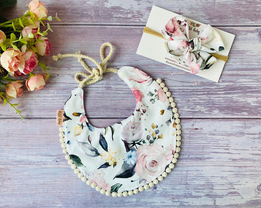 Boho baby bib& large headband bow set - watercolor flowers on a white background, perfect baby gift set