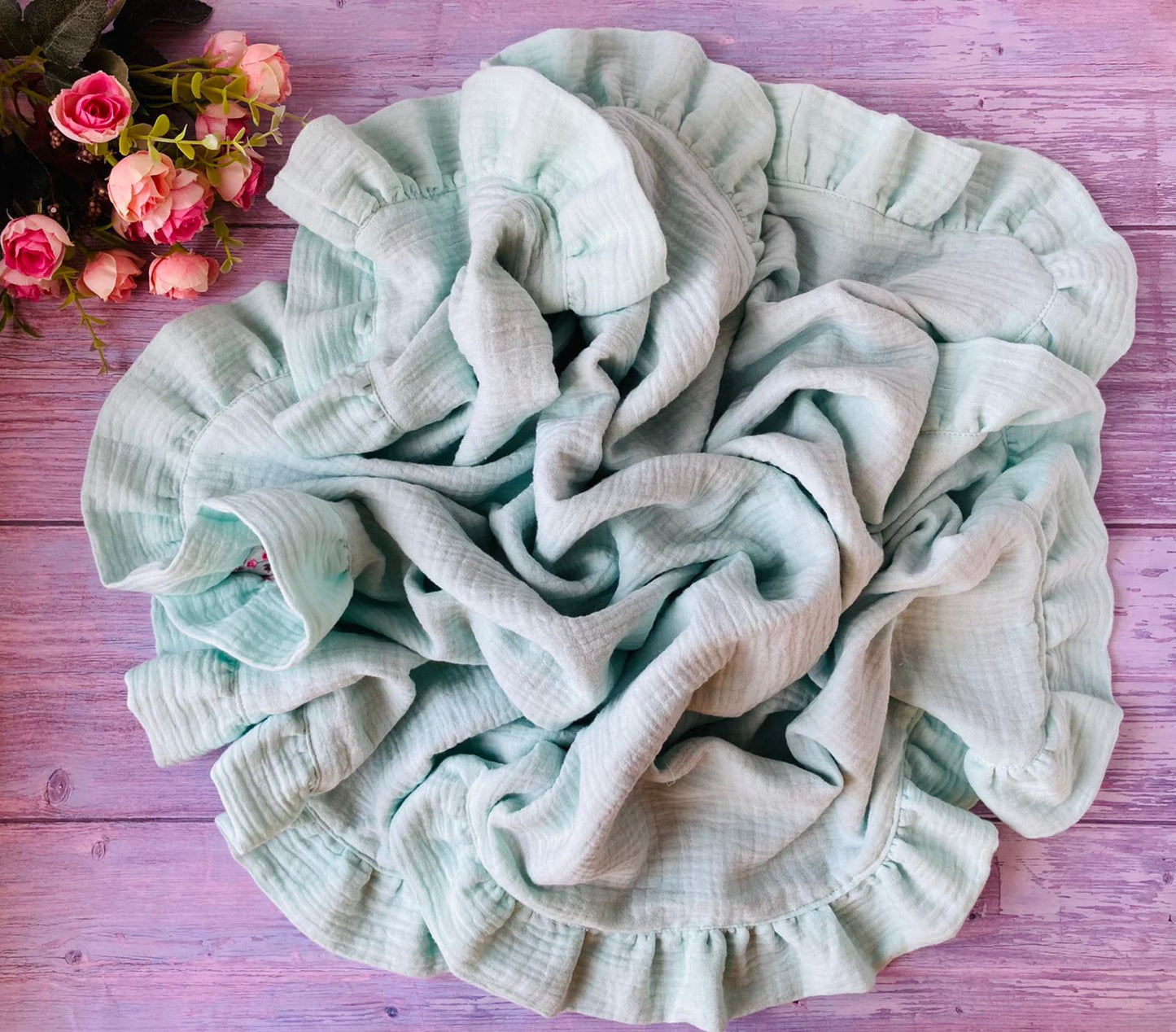 2 layer Cotton muslin ruffle blanket and Bunny comforter - perfect baby gift set, Mint flowers