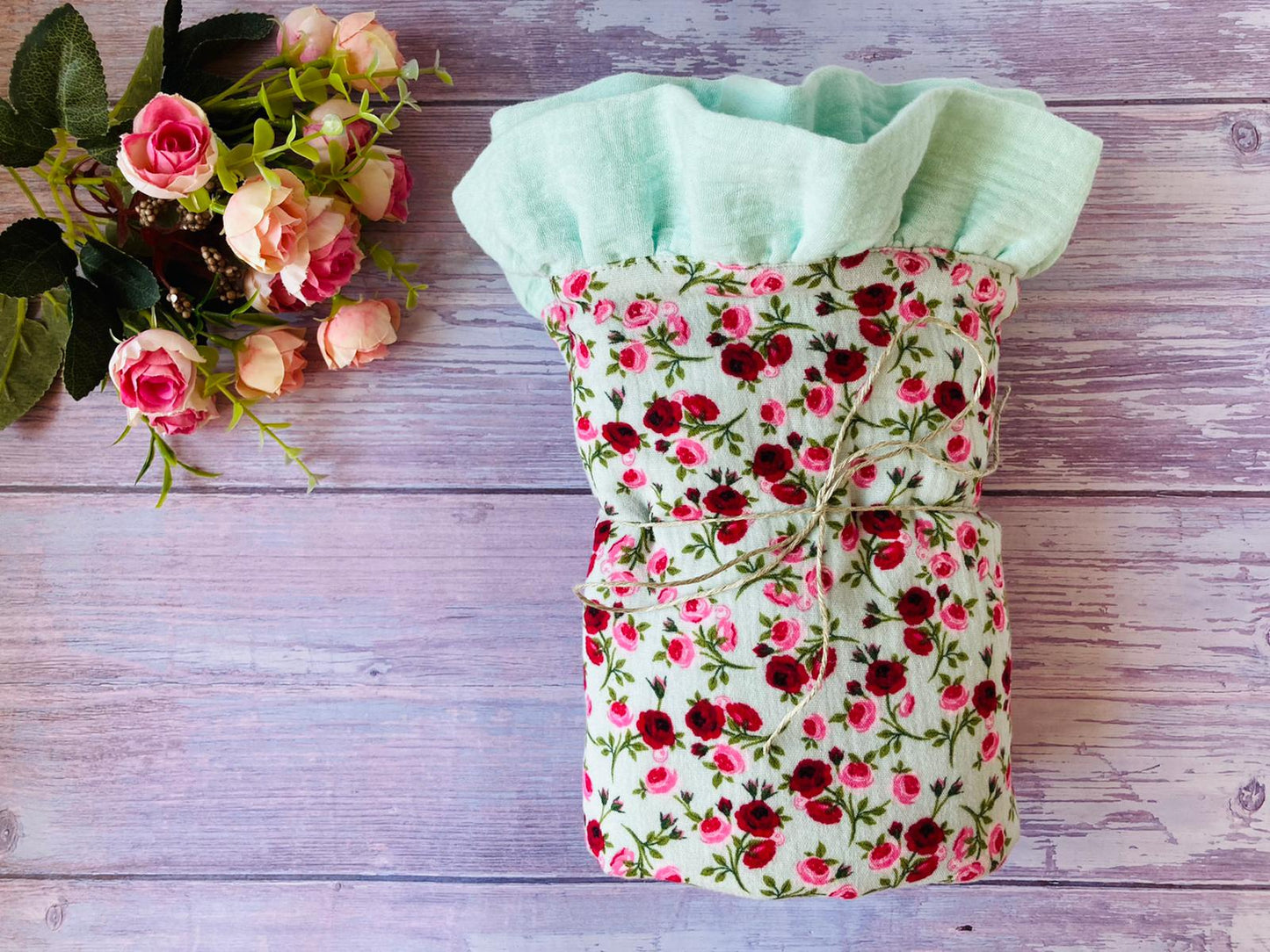 2 layer Cotton muslin ruffle blanket and Bunny comforter - perfect baby gift set, Mint flowers