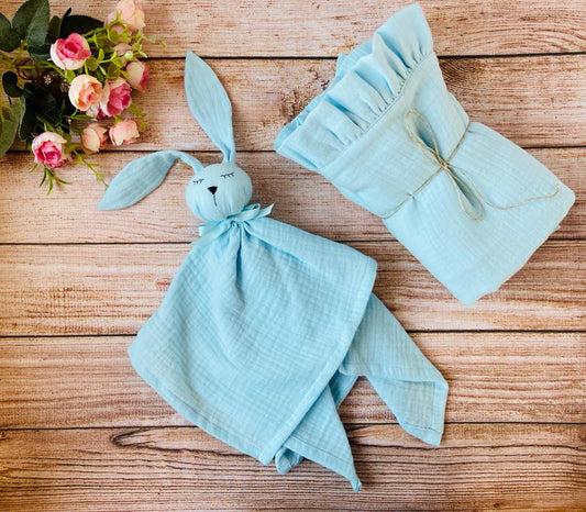 2 layer Cotton muslin ruffle blanket and Bunny comforter - perfect baby gift set, Light Blue