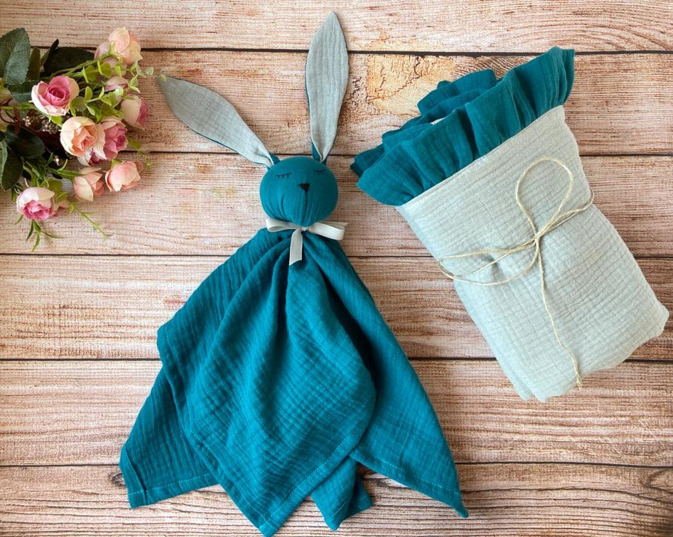 2 layer Cotton muslin ruffle blanket and Bunny comforter - perfect baby gift set, petrol blue and grey