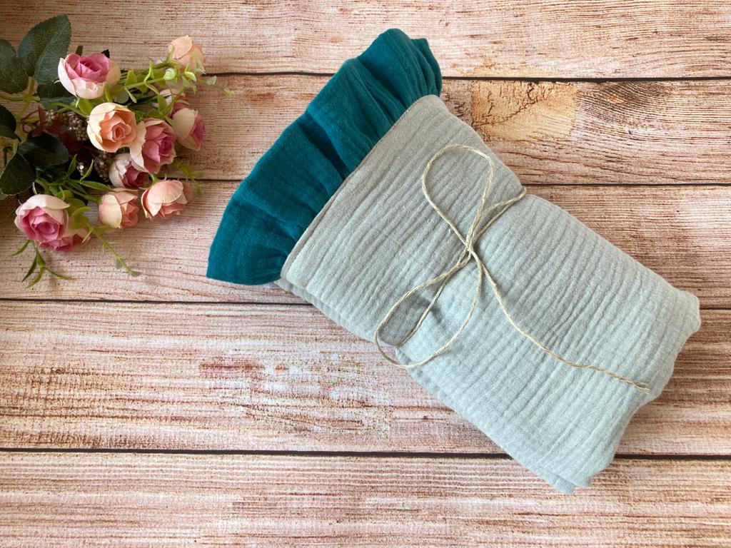 2 layer Muslin baby blanket with ruffles - petrol blue and grey