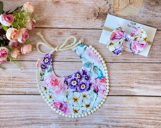 Boho baby bib & large headband bow - watercolor flowers, perfect baby gift set
