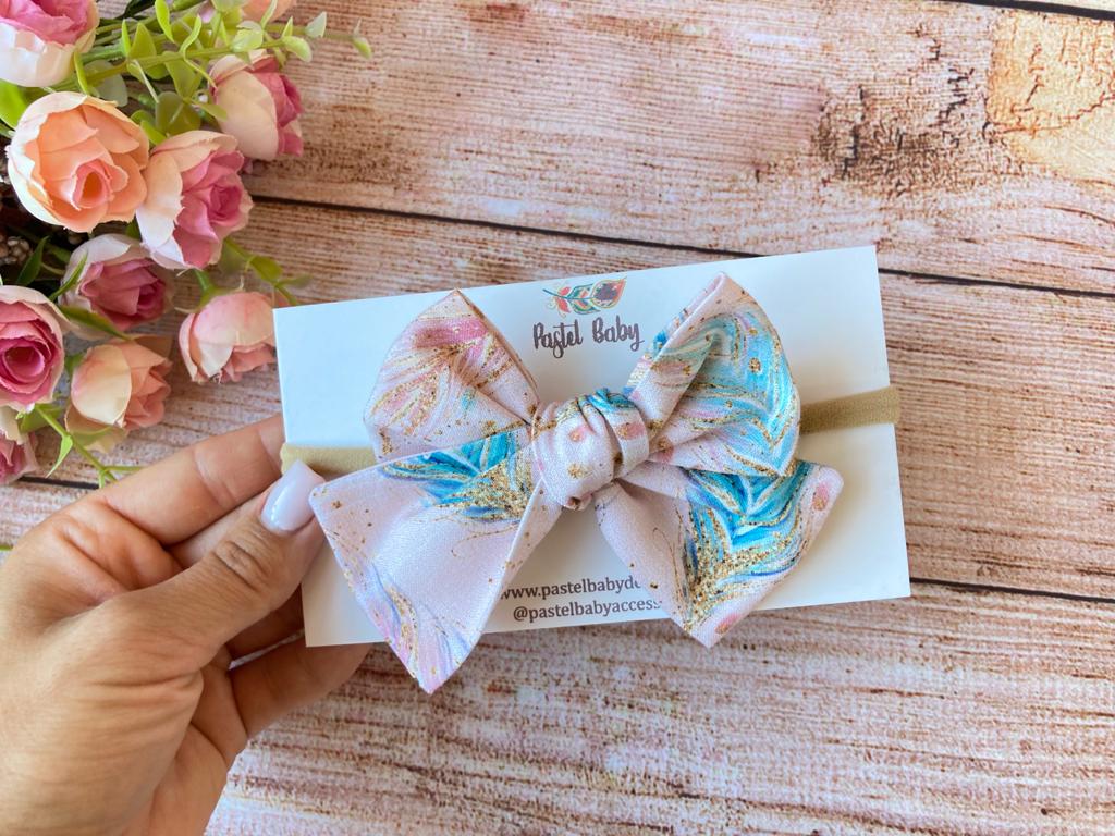 Boho baby bib & large headband bow - feathers on pink, perfect baby gift set