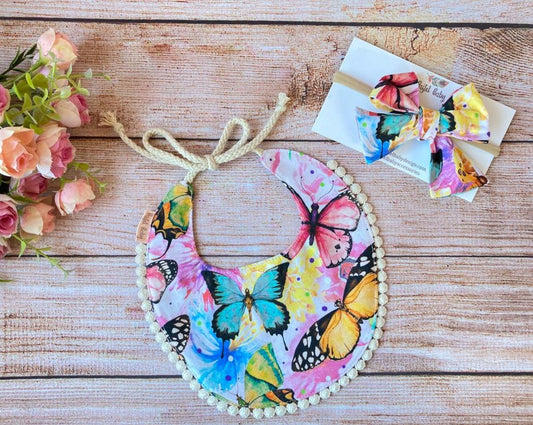 Boho baby bib & large headband bow - watercolor butterflies, perfect baby gift set