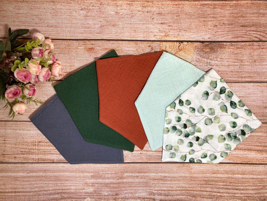 Muslin baby bib set of 5 - grey, green, mint and ginger colors