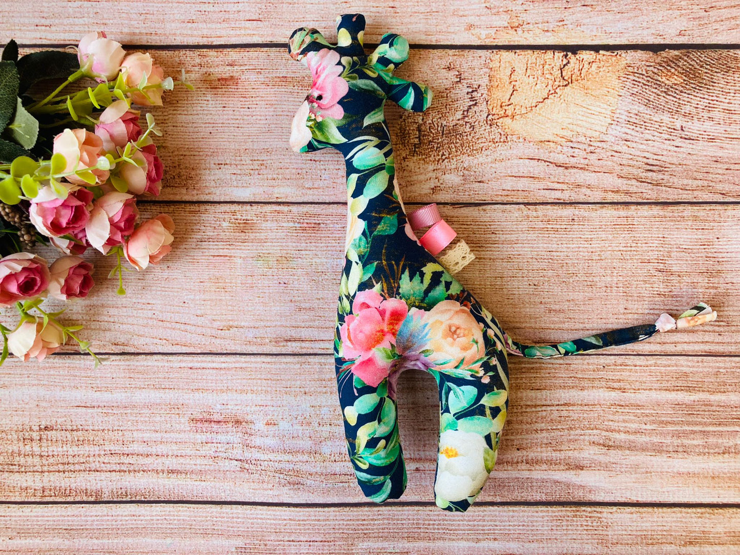 Soft Giraffe toy, Bunny ear teether and pacifier holder - perfect baby gift set, Blue floral