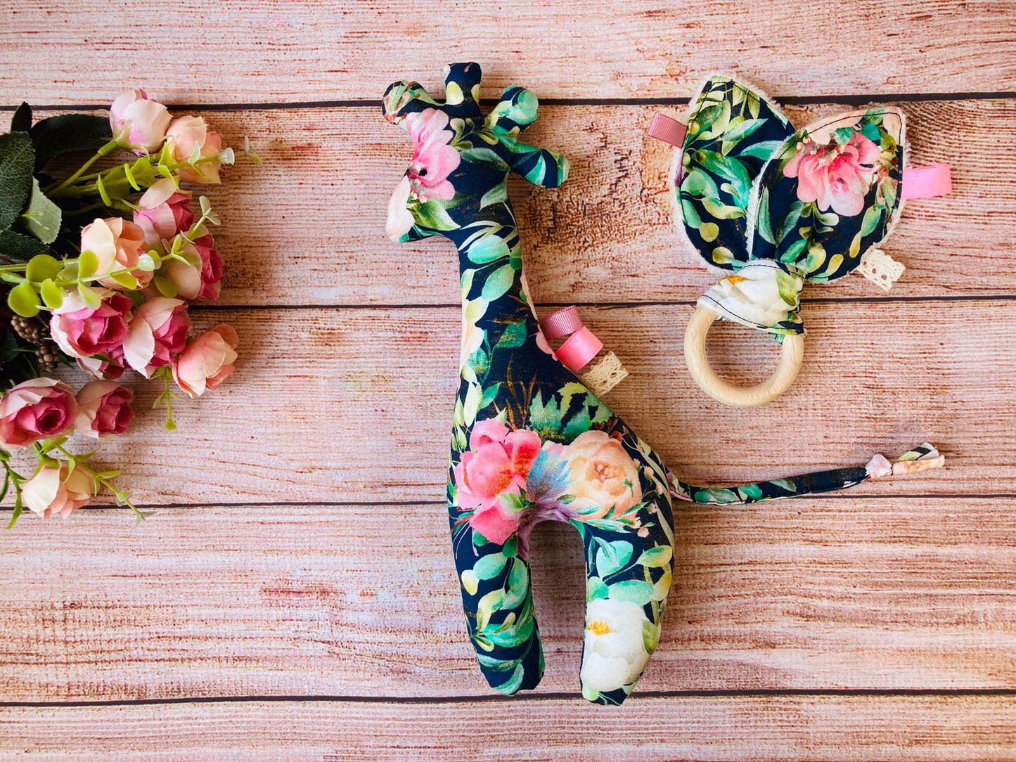 Soft Giraffe toy, Bunny ear teether and pacifier holder - perfect baby gift set, Blue floral