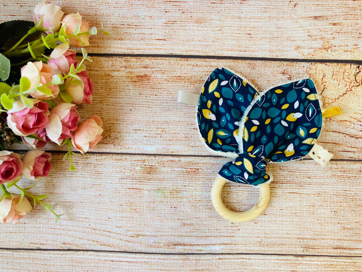 Soft Giraffe toy, Bunny ear teether and pacifier holder - perfect baby gift set, Blue leaves