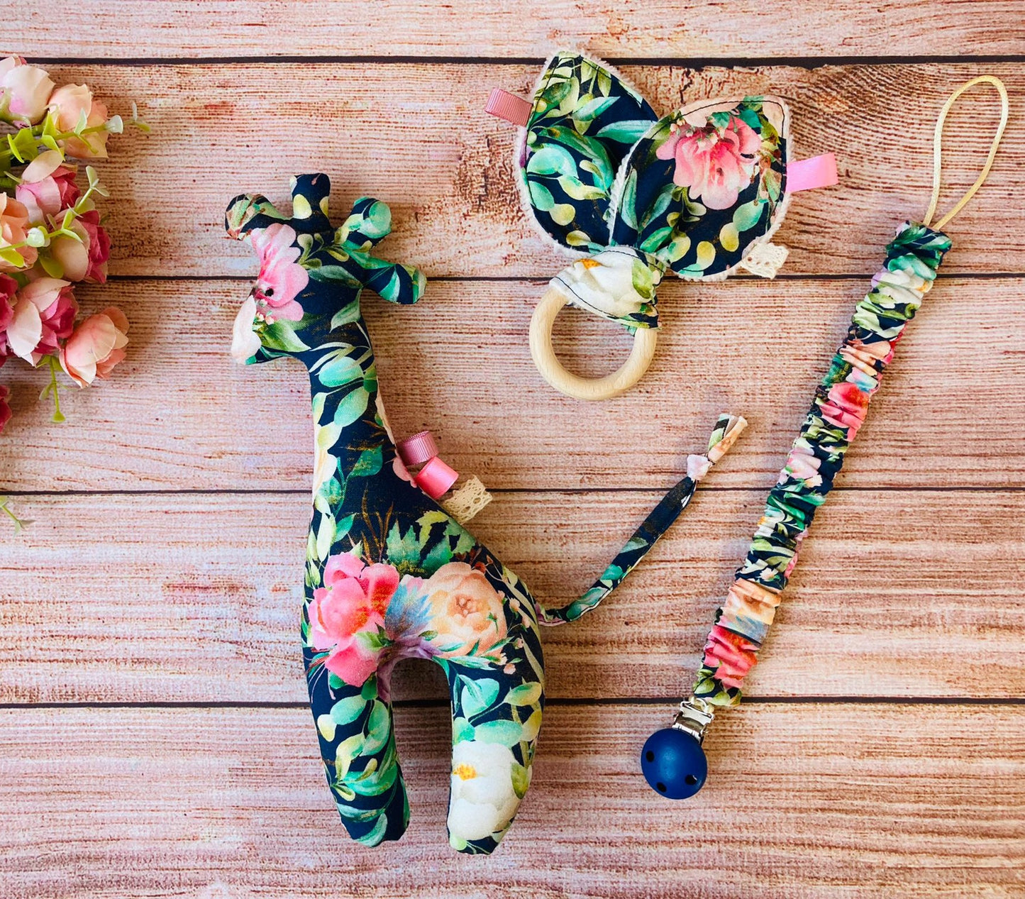 Soft Giraffe toy, Bunny ear teether and pacifier holder - perfect baby gift set, Blue floral