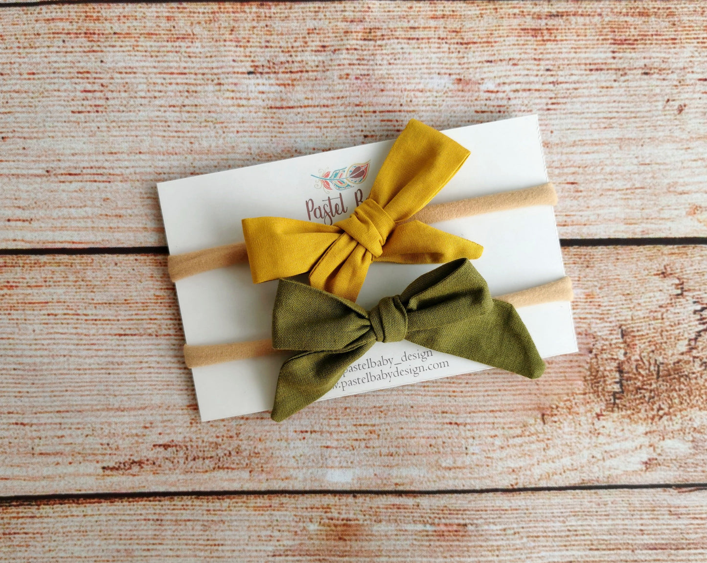 Classic cotton headband bow set - solid moss green and mustard