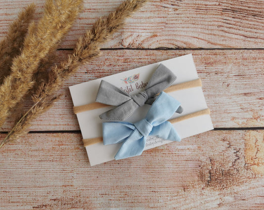 Classic cotton headband bow set - solid light blue and grey