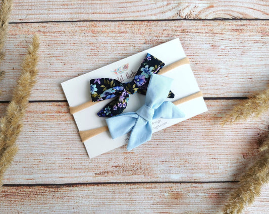 Classic cotton headband bow set - solid light blue and flowers on navy