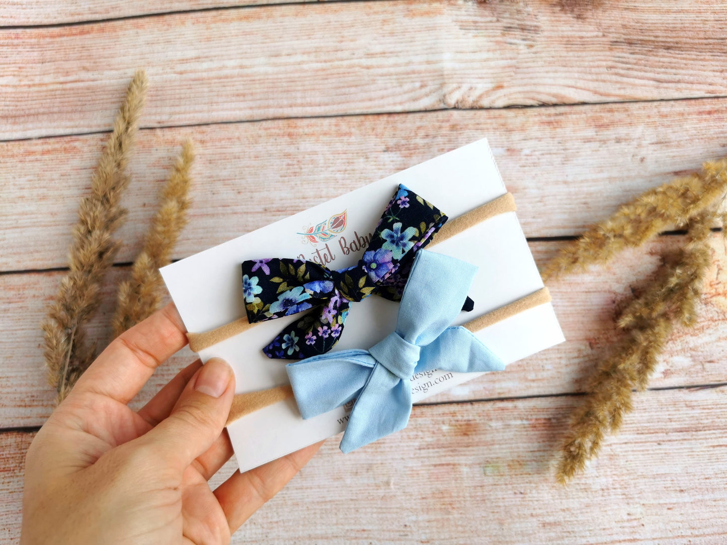 Classic cotton headband bow set - solid light blue and flowers on navy