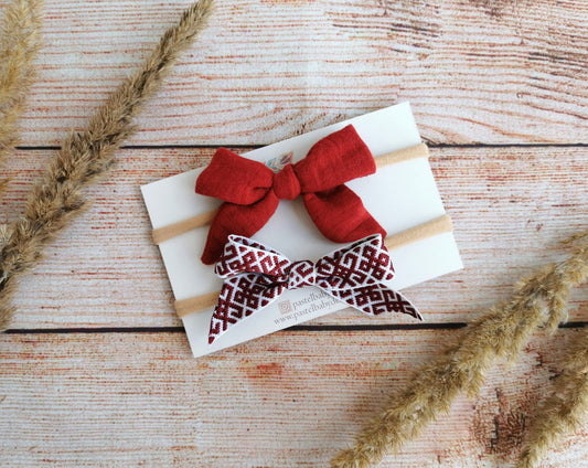 Classic cotton headband bow set - Latvian ethnic - wine red and white