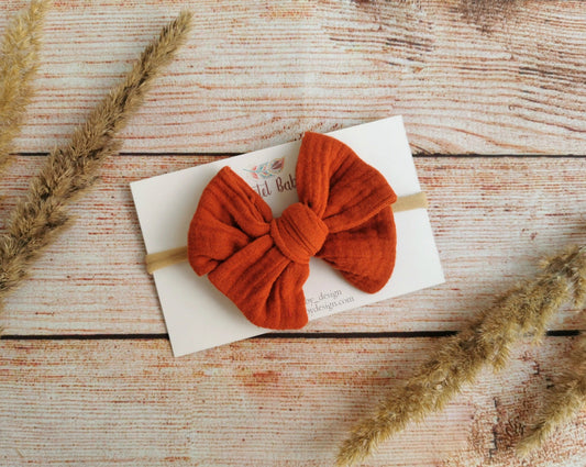 Large cotton headband bow, clip or hair tie - Ginger brown muslin
