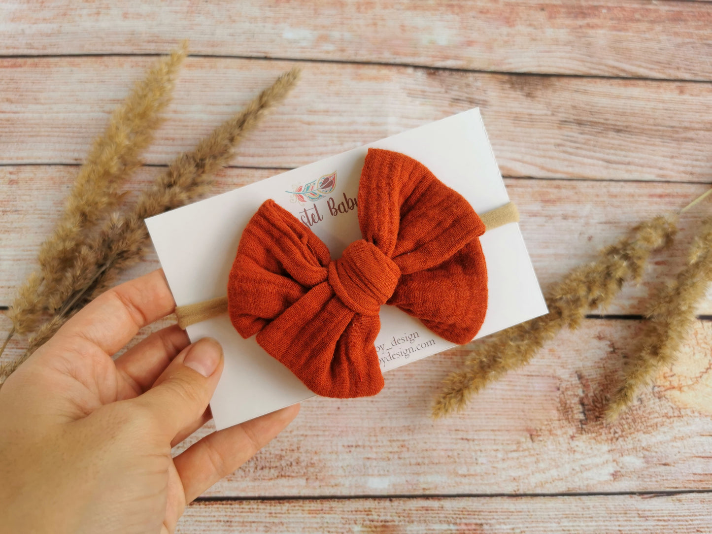 Large cotton headband bow, clip or hair tie - Ginger brown muslin