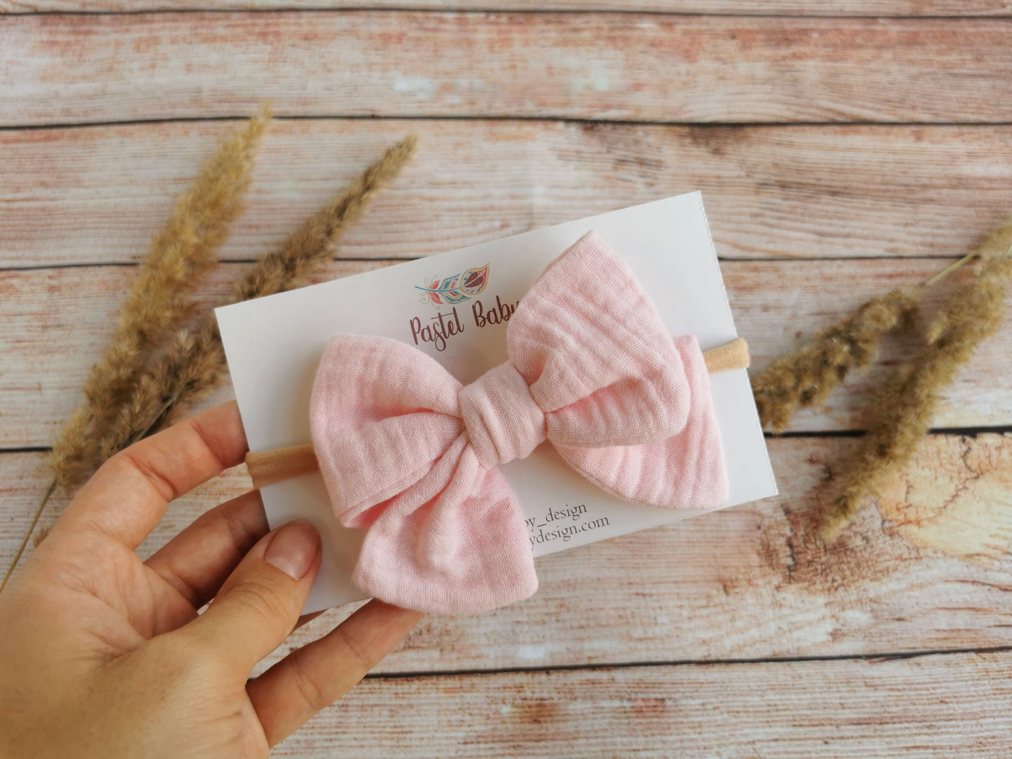 Large cotton headband bow, clip or hair tie - Light pink muslin hair bow