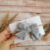 Large cotton headband bow, clip or hair tie - Light grey muslin hair bow
