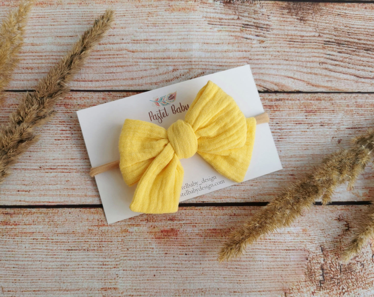Large cotton headband bow, clip or hair tie - Yellow muslin hair bow