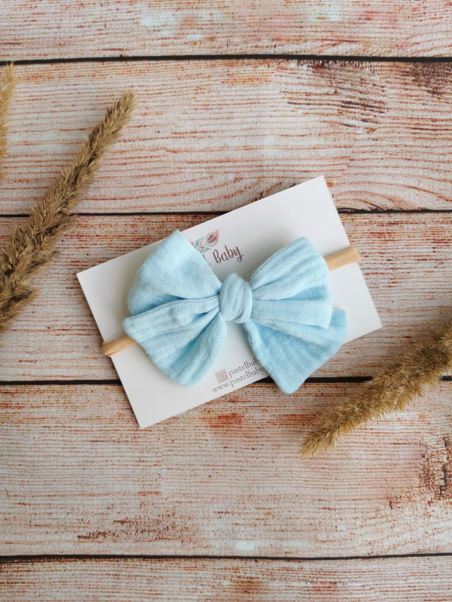 Large cotton headband bow, clip or hair tie - Light blue muslin hair bow