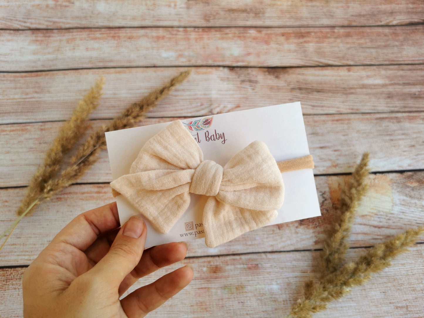 Large cotton headband bow, clip or hair tie - Beige muslin hair bow
