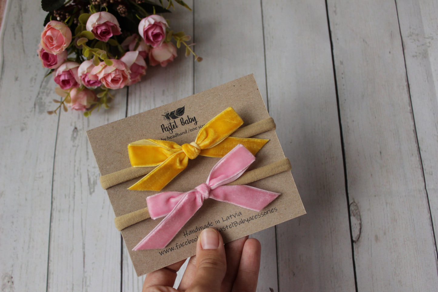 Velvet headband bow set - Pink&Yellow