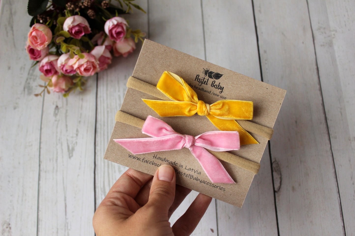 Velvet headband bow set - Pink&Yellow