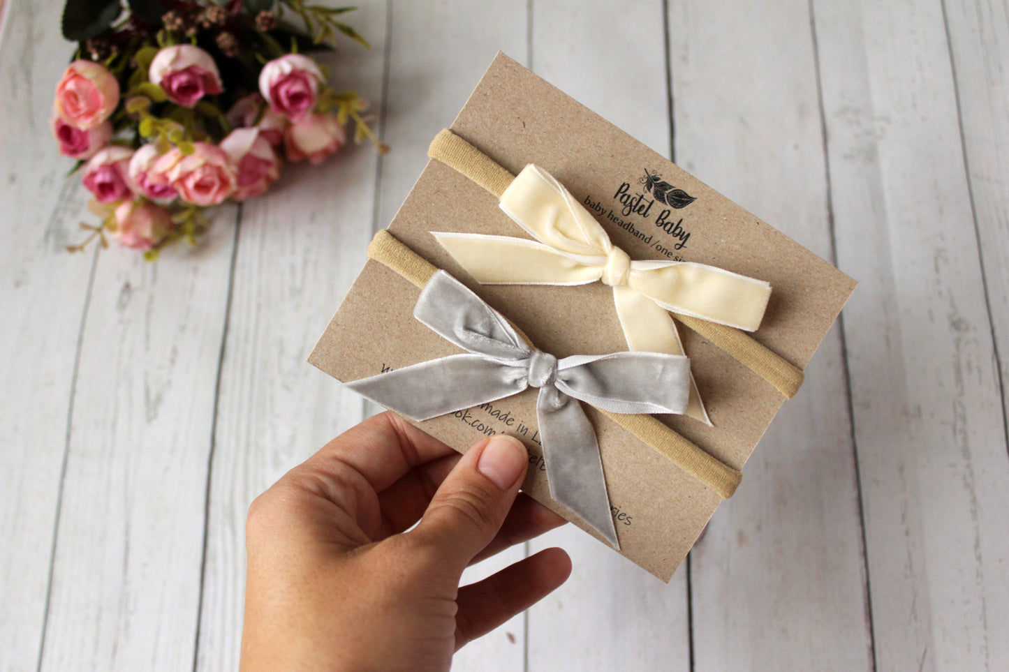 Velvet headband bow set - Beige&Grey