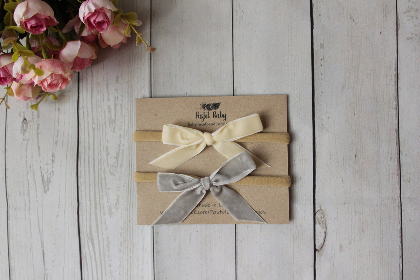 Velvet headband bow set - Beige&Grey