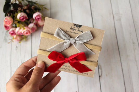 Velvet headband bow set - Red&Grey