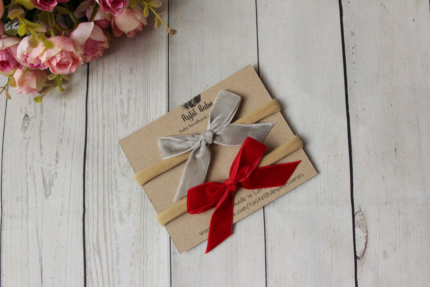 Velvet headband bow set - Red&Grey