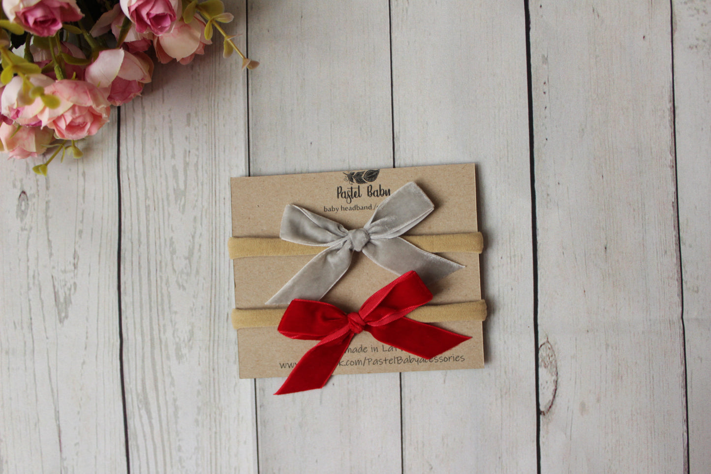 Velvet headband bow set - Red&Grey