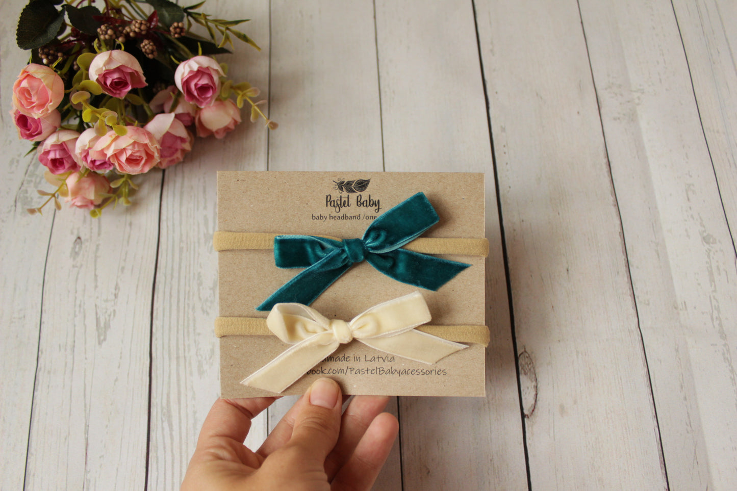 Velvet headband bow set - Beige&Teal