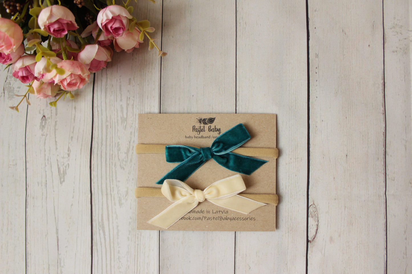 Velvet headband bow set - Beige&Teal