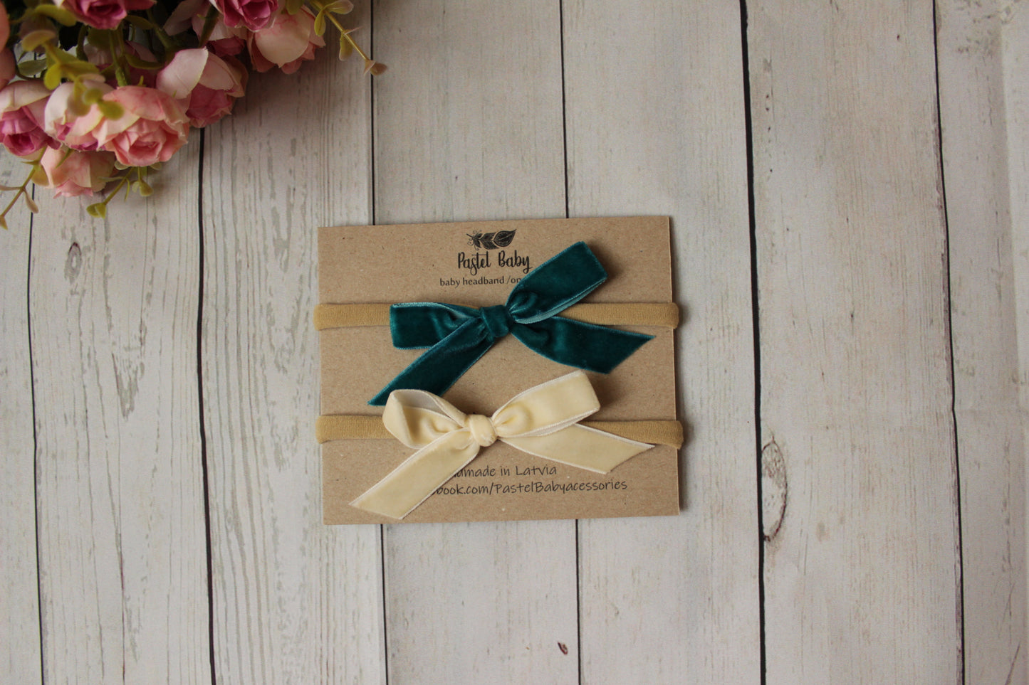 Velvet headband bow set - Beige&Teal