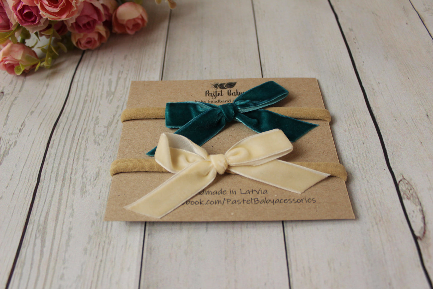 Velvet headband bow set - Beige&Teal