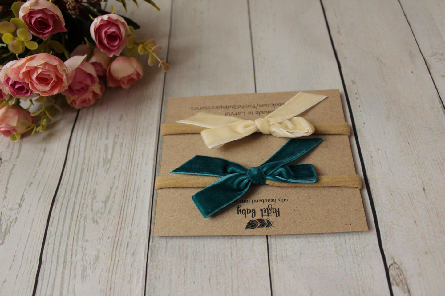 Velvet headband bow set - Beige&Teal