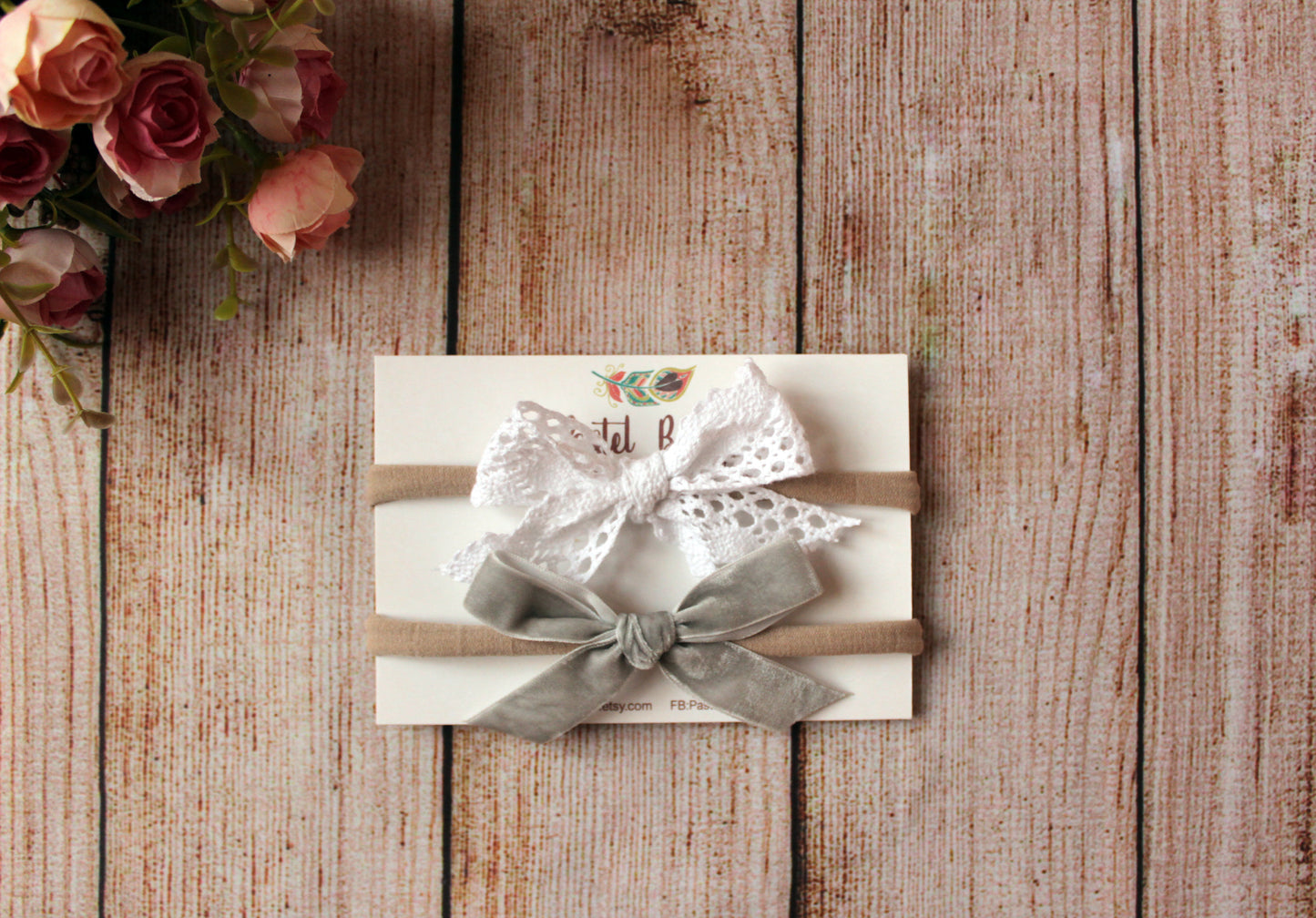 Lace Headband bow set - White lace and grey velvet