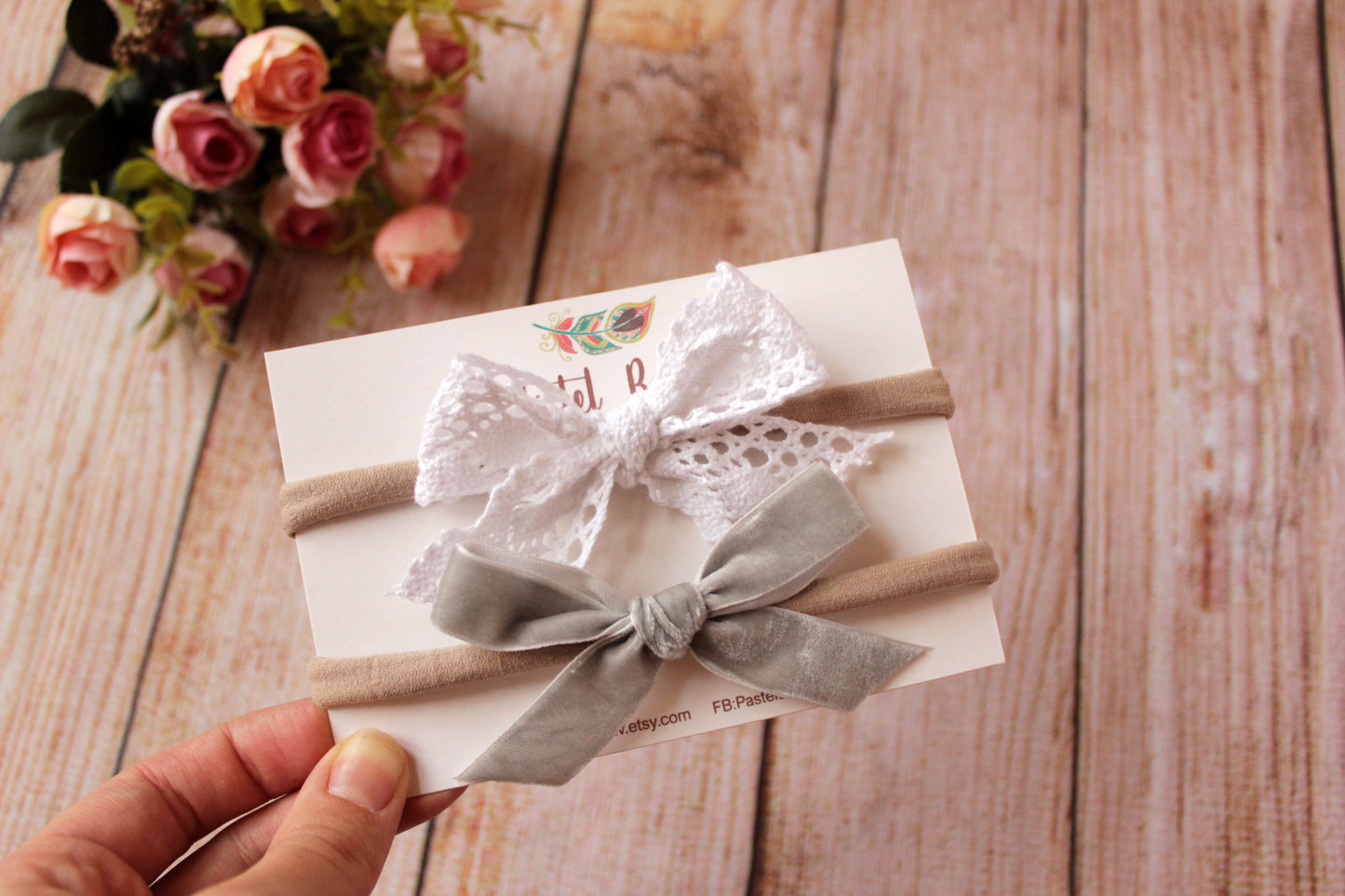 Lace Headband bow set - White lace and grey velvet