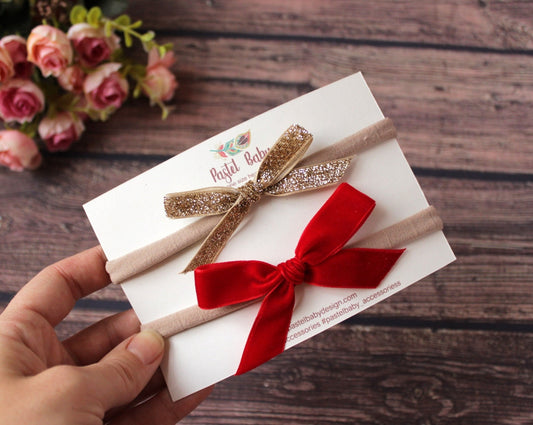 Velvet Headband bow set - Glitter and red