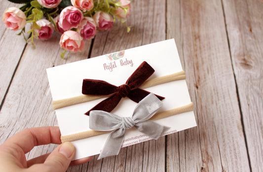 Velvet headband bow set - light Grey&Chocolate brown